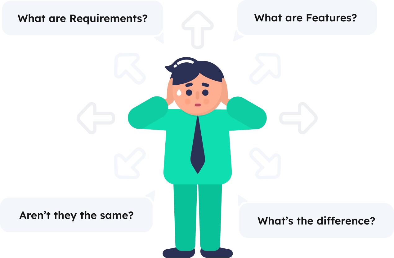 A boy is confused about understanding and differentiating between what requirements and features are in agile. Another confusing aspect is to mix requirements that are part of the waterfall model with features that are an agile term.