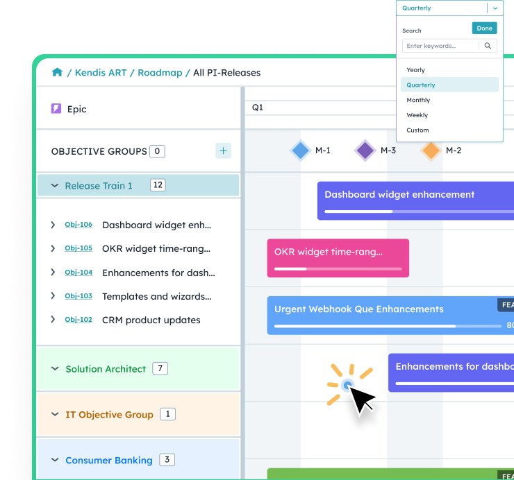 Kendis OKR roadmap with objective groups per release train on the left and linked features as progress bars across the quarter, with milestones at the top