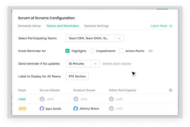 Scrum of Scrums teams and reminders in Kendis