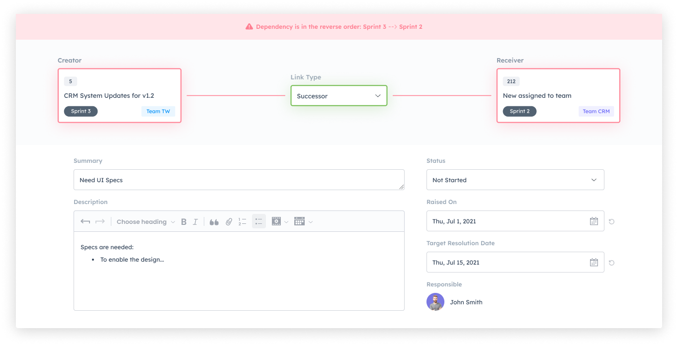 Kendis dependencies view showing cross-team dependencies with status and due dates