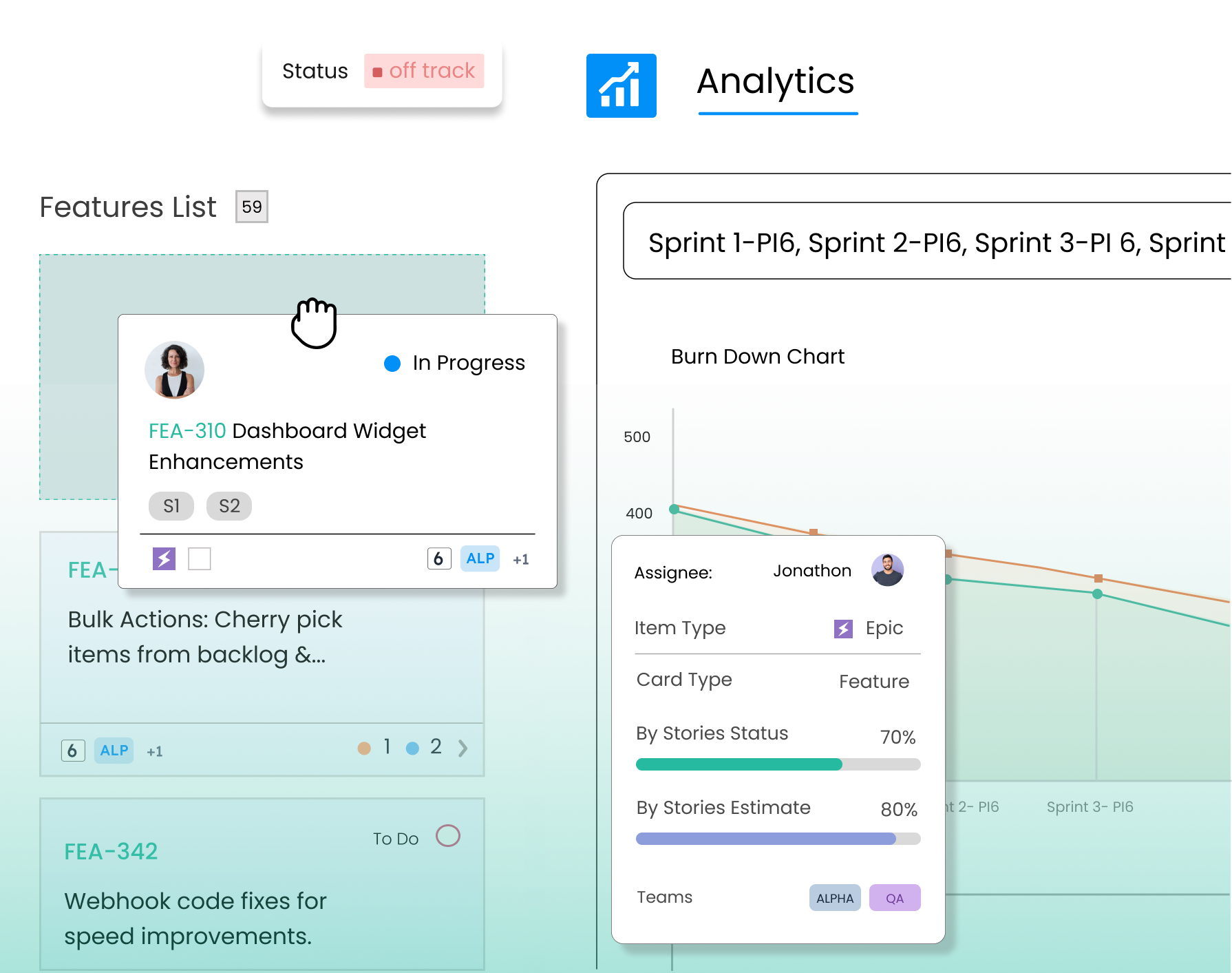 Kendis project management dashboard showing analytics, features list, and project tracking interface