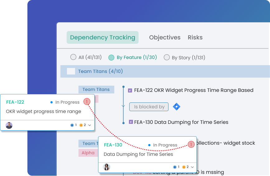 Kendis allows you to create dependencies between various work item types, including feature to feature, feature to story, story to feature and story to story